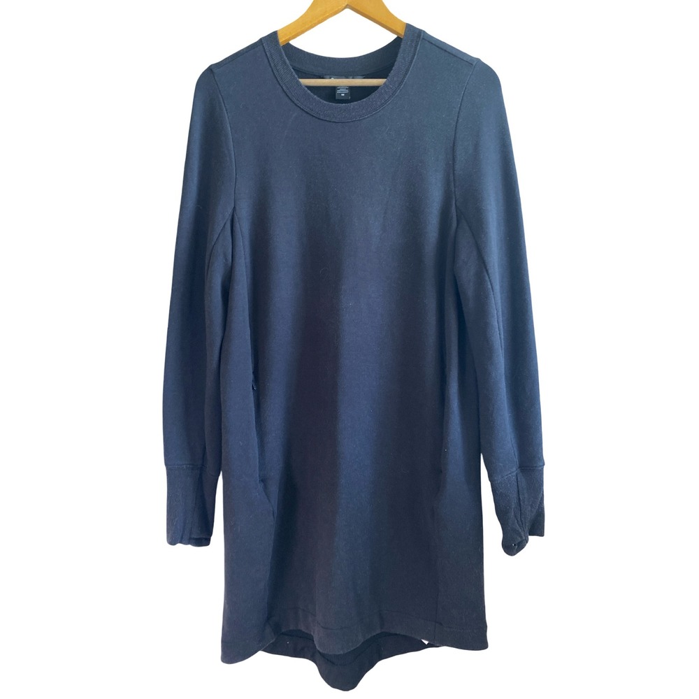 Athleta Coaster Luxe Sweatshirt Dress Black Long Sleeve Fleece Mini Pockets M‎